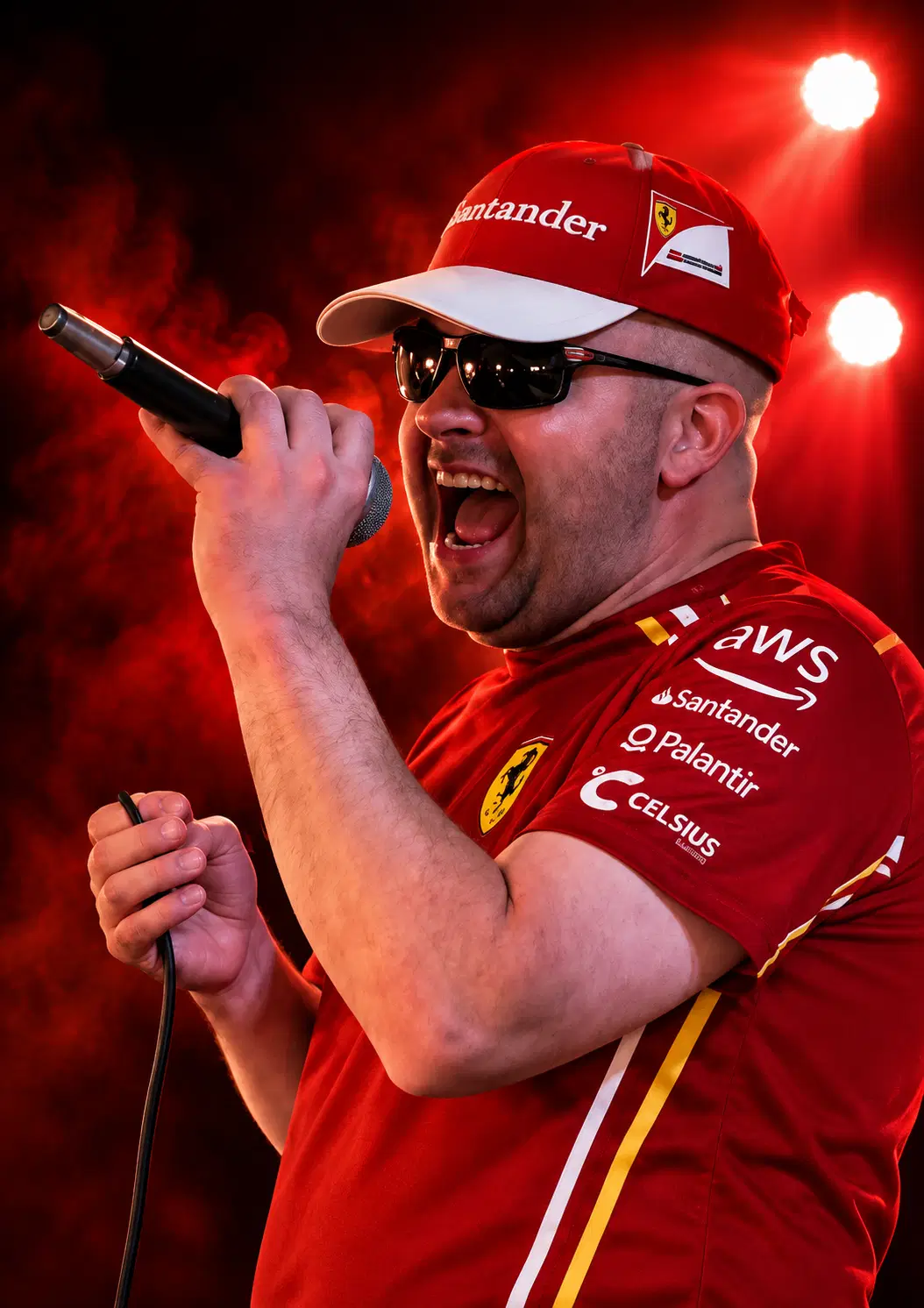 Singer performing live under red stage lighting